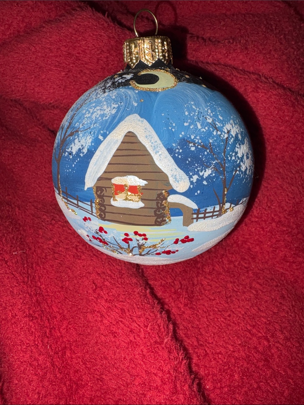 Hand-Painted Blue Winter Cottage Glass Ornament by